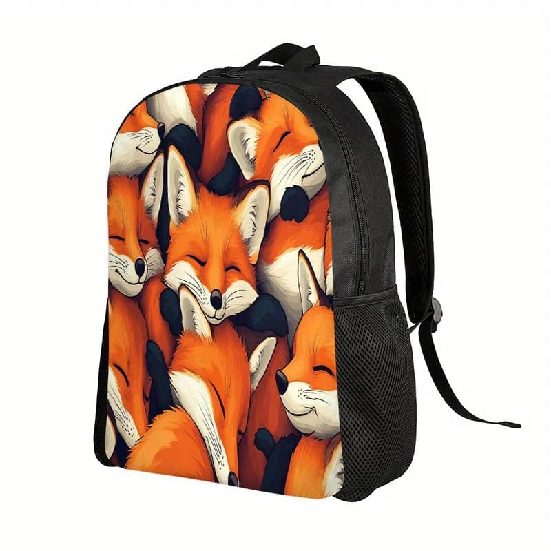 Light backpack with 2D flat print representing a group of foxes, perfect for school. Leisure bag for men and women
