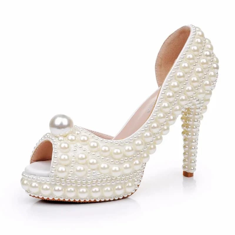 New All Pearl Fish Mouth High-heel Sandals Beige White Pearl Waterproof Platform Banquet Bride Bridesmaid Wedding Dress Sandal