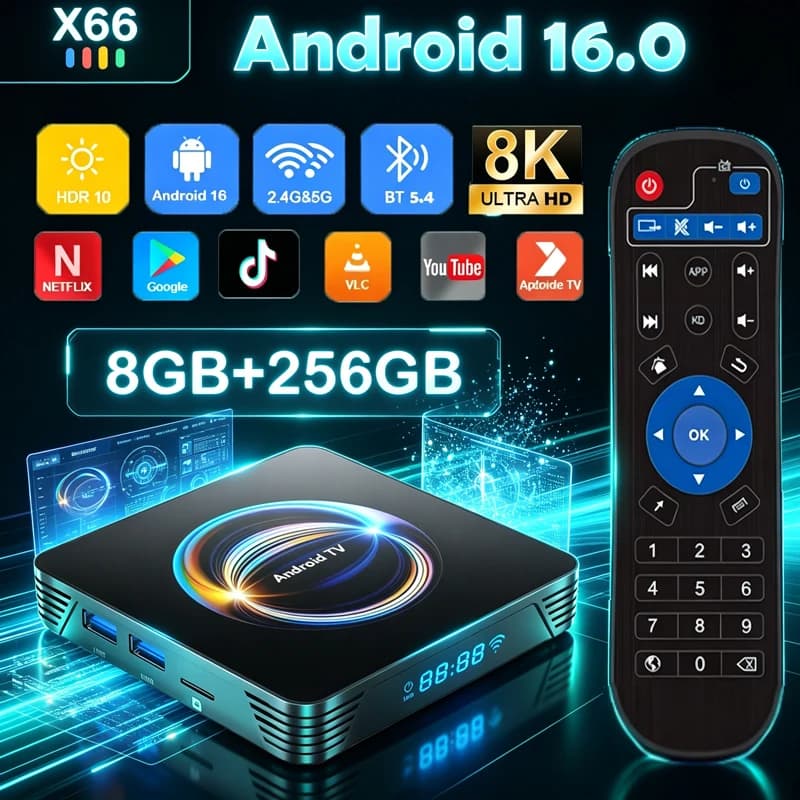 Box TV Android 16 Rockchip RK3528 X66 8GB+256GB con Assistente Google, Video 8K, Bluetooth 6.0, Lettore Multimediale Ultra Veloce