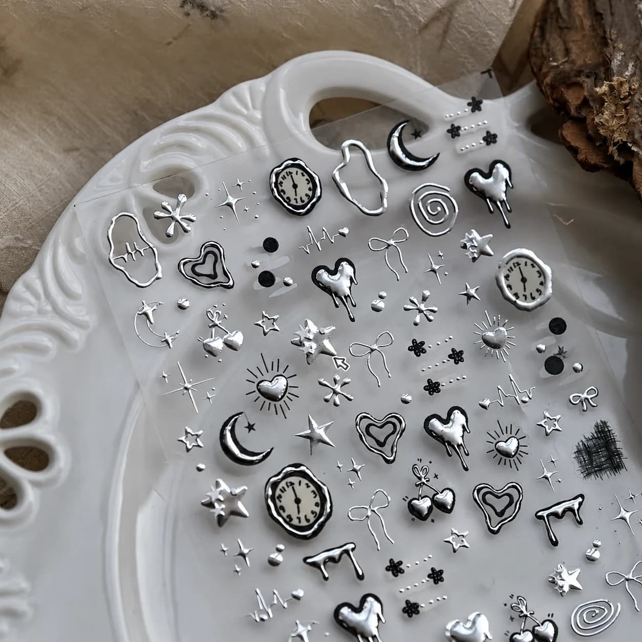 3D Metallic Silver Black Gothic Melting Heart Clock Moon Star Nail Stickers Self-Adhesive Nail Art Decals for DIY Manicure