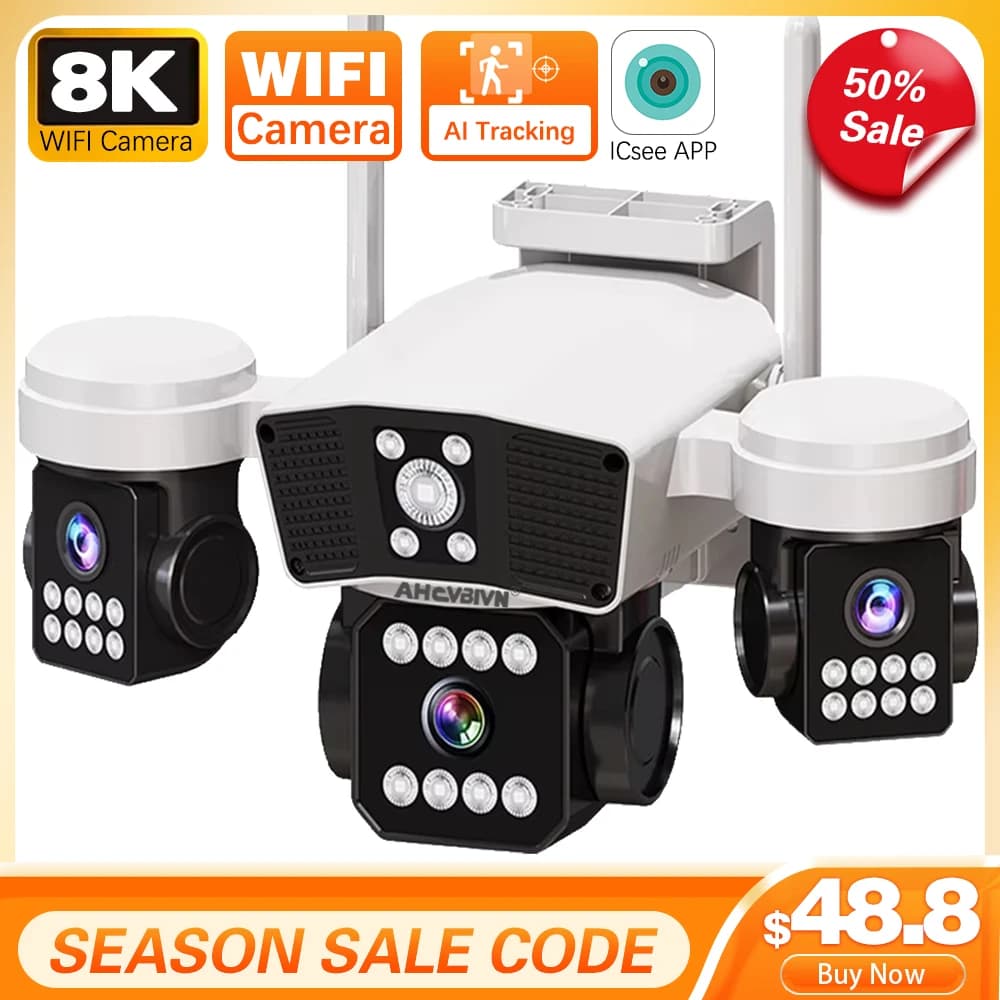 Telecamera PTZ Wifi a tre obiettivi con triplo schermo Telecamera IP a colori di sicurezza CCTV wireless esterna ICsee Xmeye 15MP impermeabile per la casa