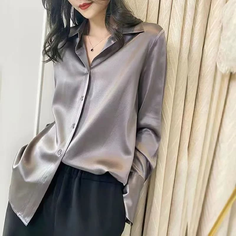 High-end Satin Shirts for Women 2026 Spring Autumn Long Sleeve Loose OL Office Lady Shirt Tops Retro Solid Color Casual Blouses