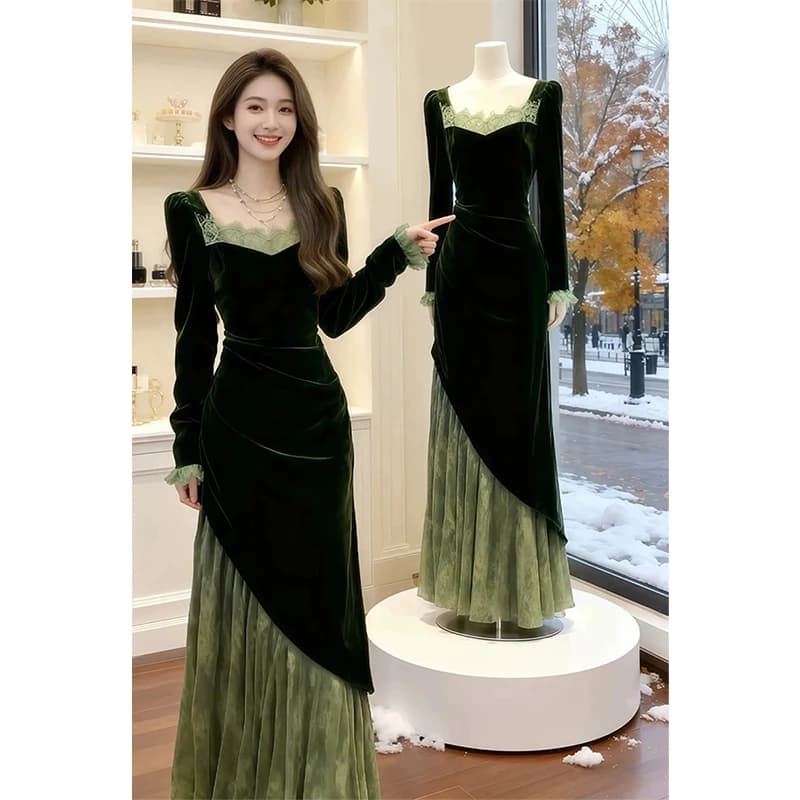 MEXZT Abito lungo in velluto vintage Donna Elegante festa Patchwork in pizzo Abiti maxi Colletto quadrato Abito manica lunga Abiti aderenti