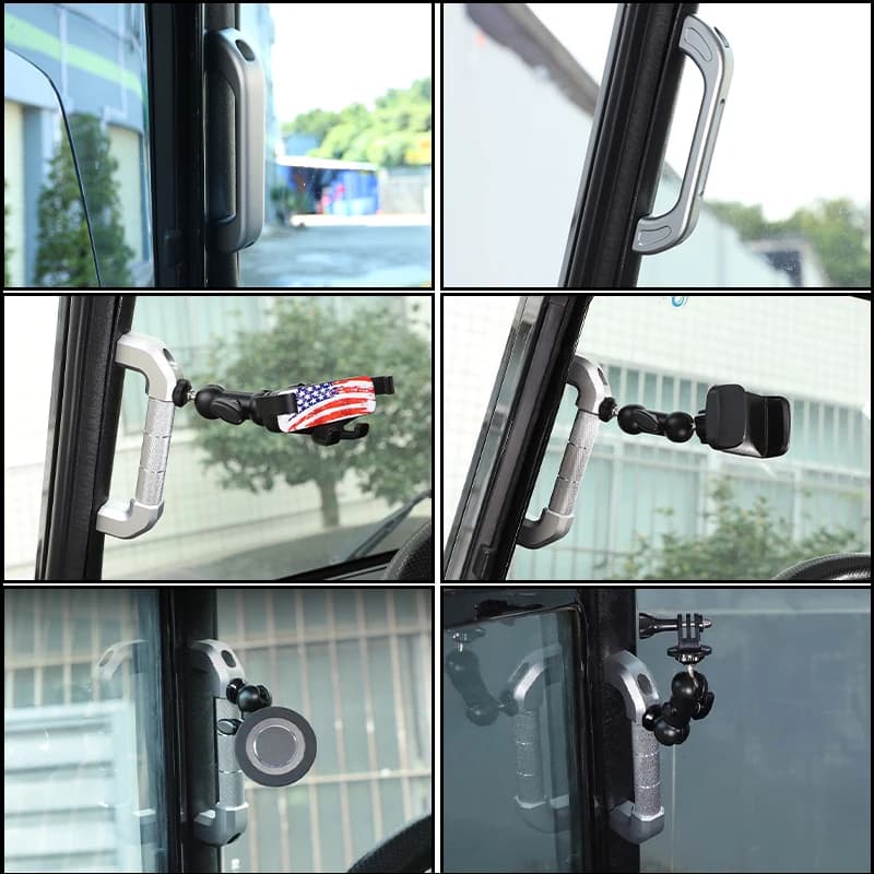 For Land Rover Defender 2004-2018 2Pcs Aluminum A-Pillar Grab Handle + Phone Action Camera Mount Bracket Kit Black