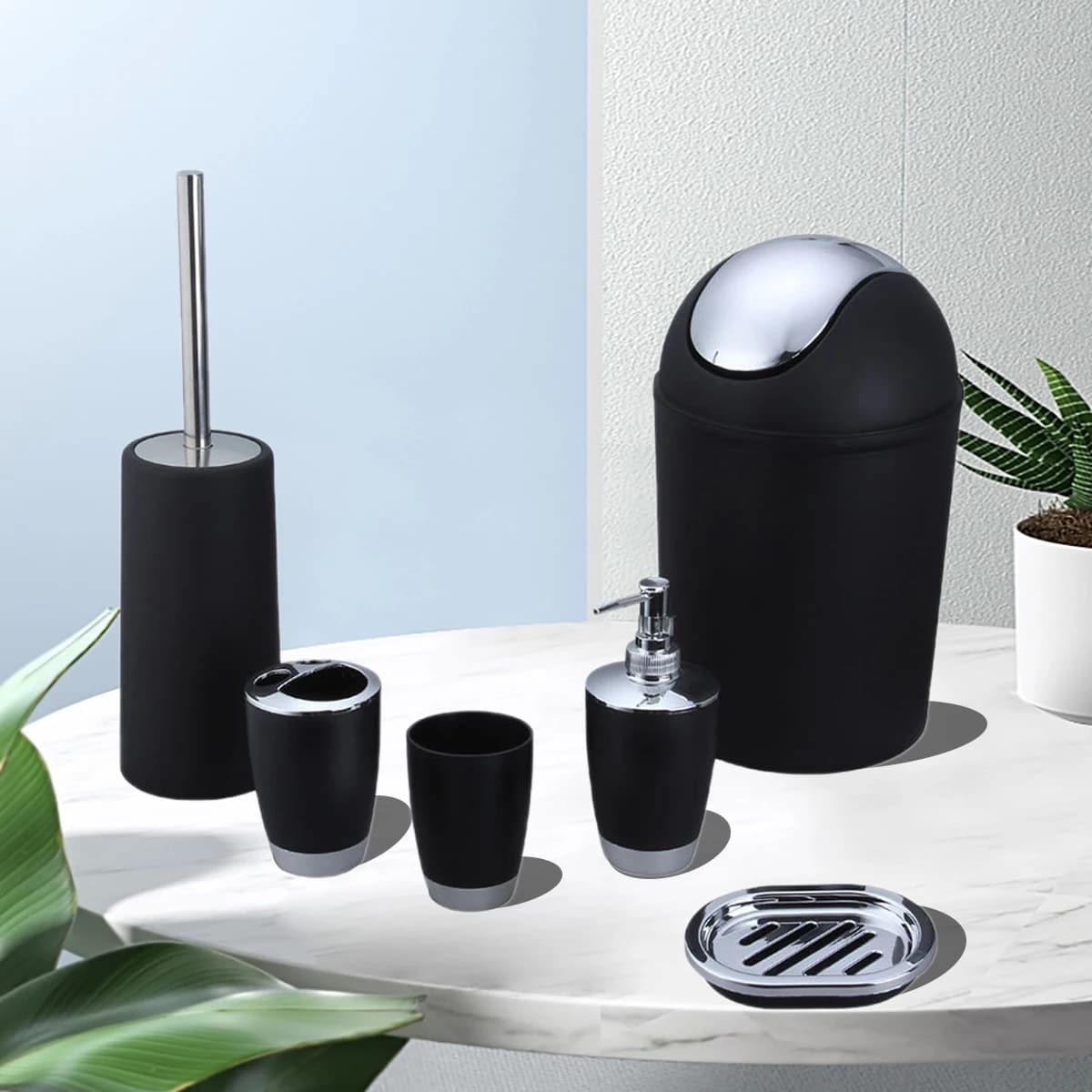 Set da 6 pezzi Bagno di lusso Forniture per WC alla moda Set di spazzole per WC Bottiglia per lozione Portaspazzolino Scatola per sapone Pattumiera