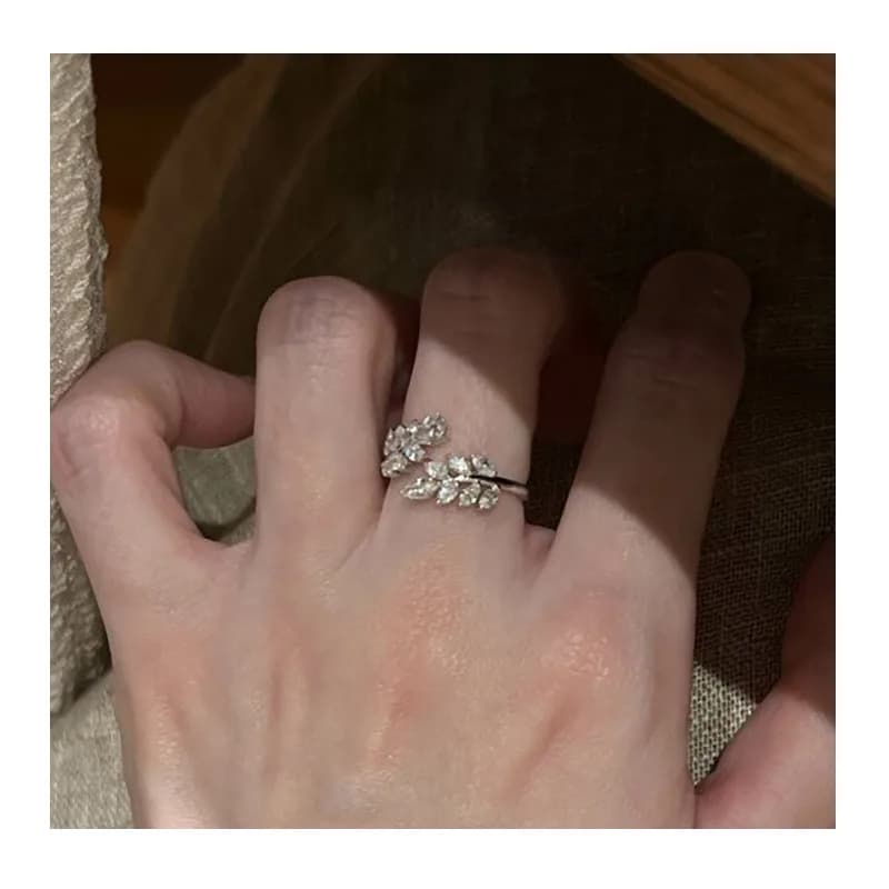 Micro-inlaid Zircon Leaf Ring, Women's Exquisite Niche Light Luxury Korean Version Design, High-end Leaf Adjustable Index Finger