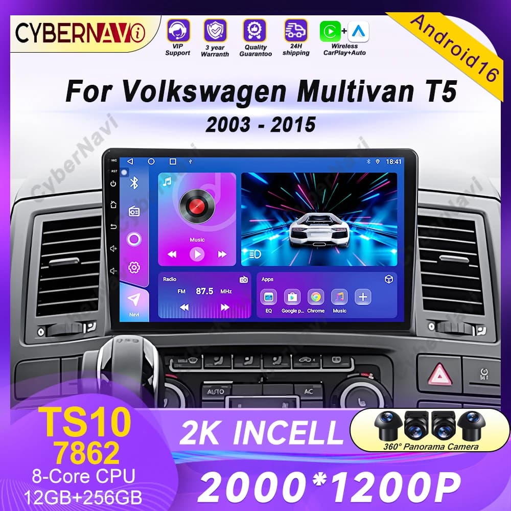 Autoradio Android 16 for Volkswagen Multivan T5 2003-2015, Navigator Multimedia Stereo GPS WiFi+4G DSP Carplay+Auto
