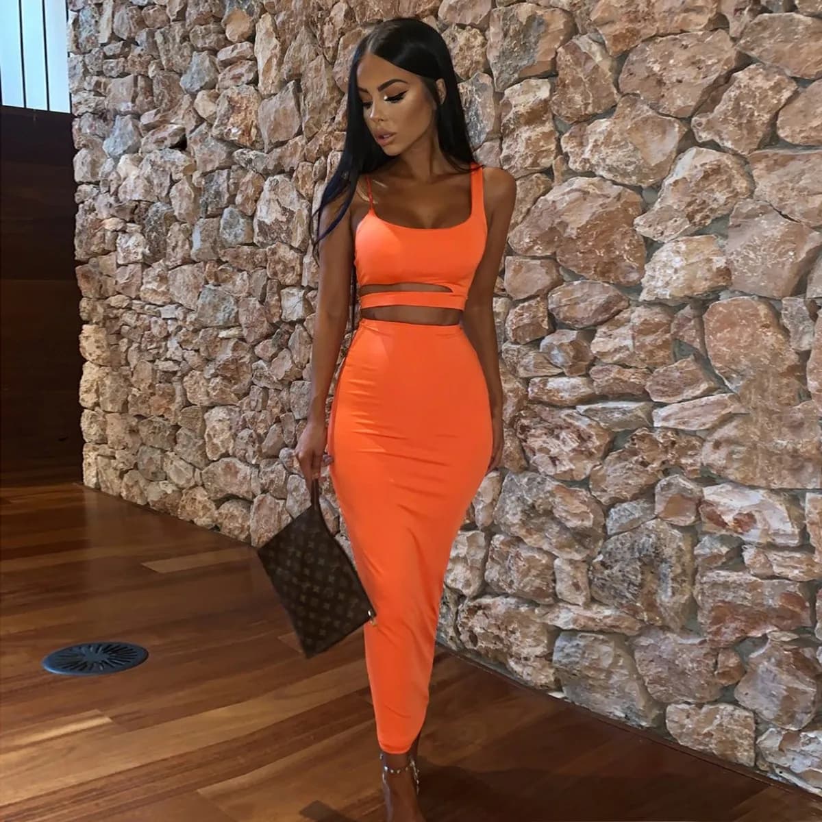 Women's Two-Piece Outfits Slim Fit Elegant Collarless Sleeveless Long Dress Set Solid Color Spaghetti Strap Pencil Ruffle