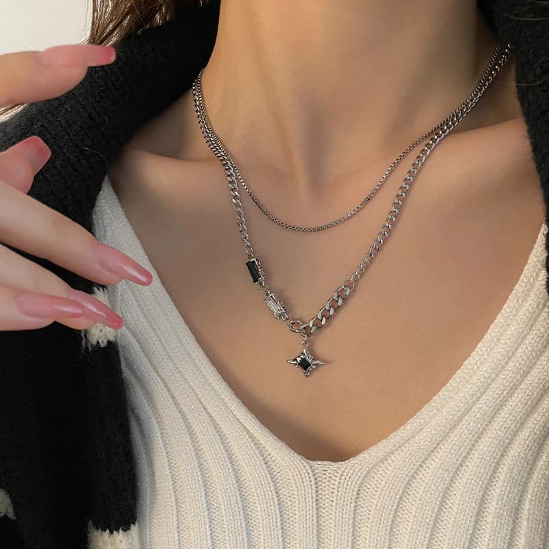 Collana con ciondolo a stella quadrangolare a doppio strato vintage alla moda per uomo e donna, accessori gioielli Y2K, idea regalo