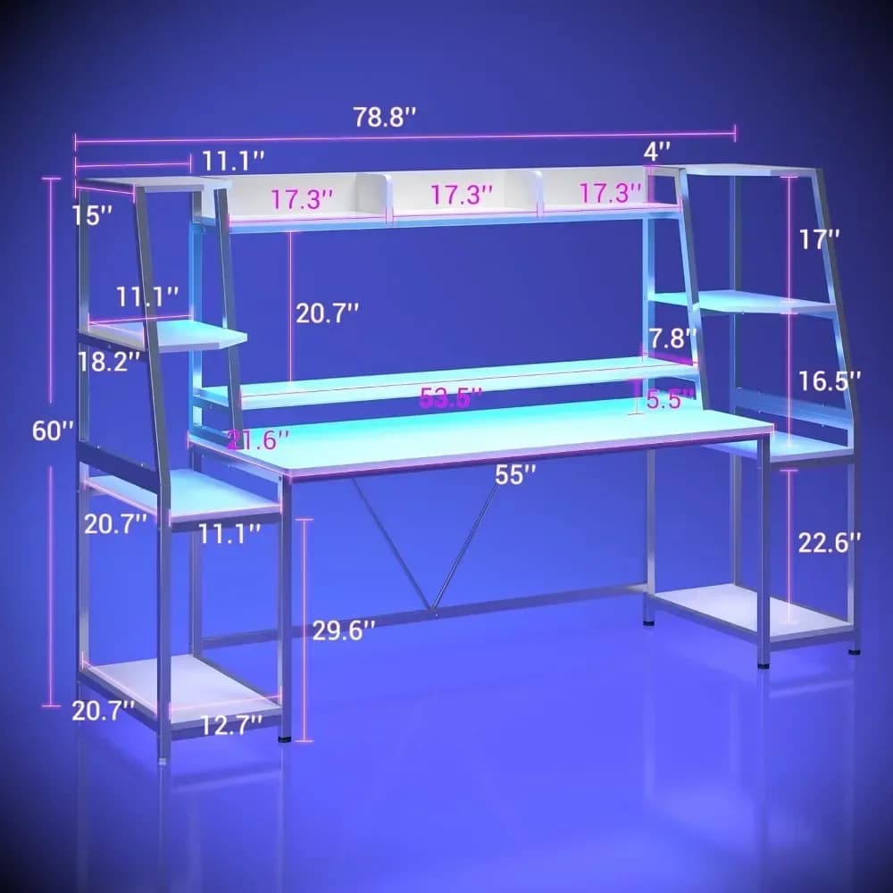 Camera da Gaming Bianca 78.8''' con Luci LED, Scaffale e Ripiani Portaoggetto, Computer Desk with Monitor Support, Big Desk for Gamer PC