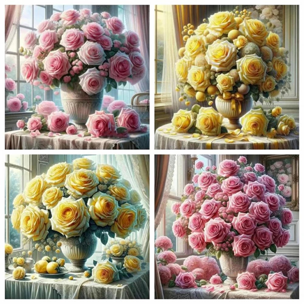 1 Pezzo Kit Pittura Diamante 5D Fai da Te Senza Cornice, Mosaico Fiore Rosa, Decorazione Casa, Ricamo a Punto Croce, Set Arte Murale Vaso Floreale