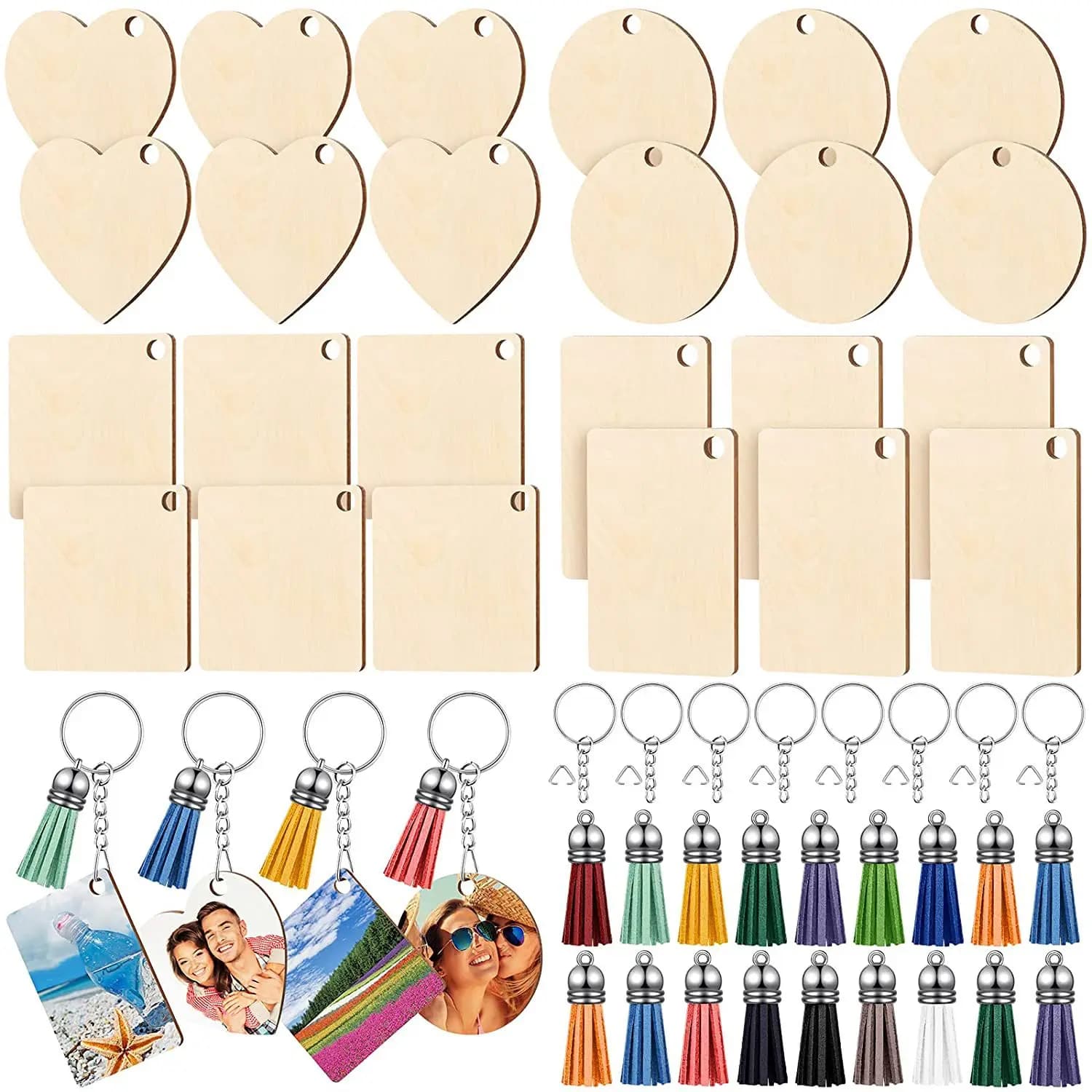 96/160PCS Unfinished Wooden Keychains Blank Sublimate Keychain Key Ring With Leather Tassel For Decor Making DIY Craft Tags