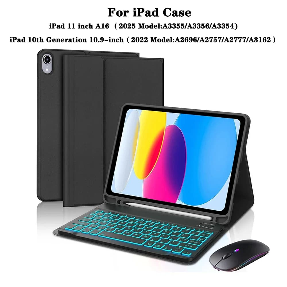Custodia con tastiera per iPad di decima generazione da 10,9 pollici, per iPad 11 pollici A16 2025 Custodia per tablet con slot per penna e tastiera retroilluminata
