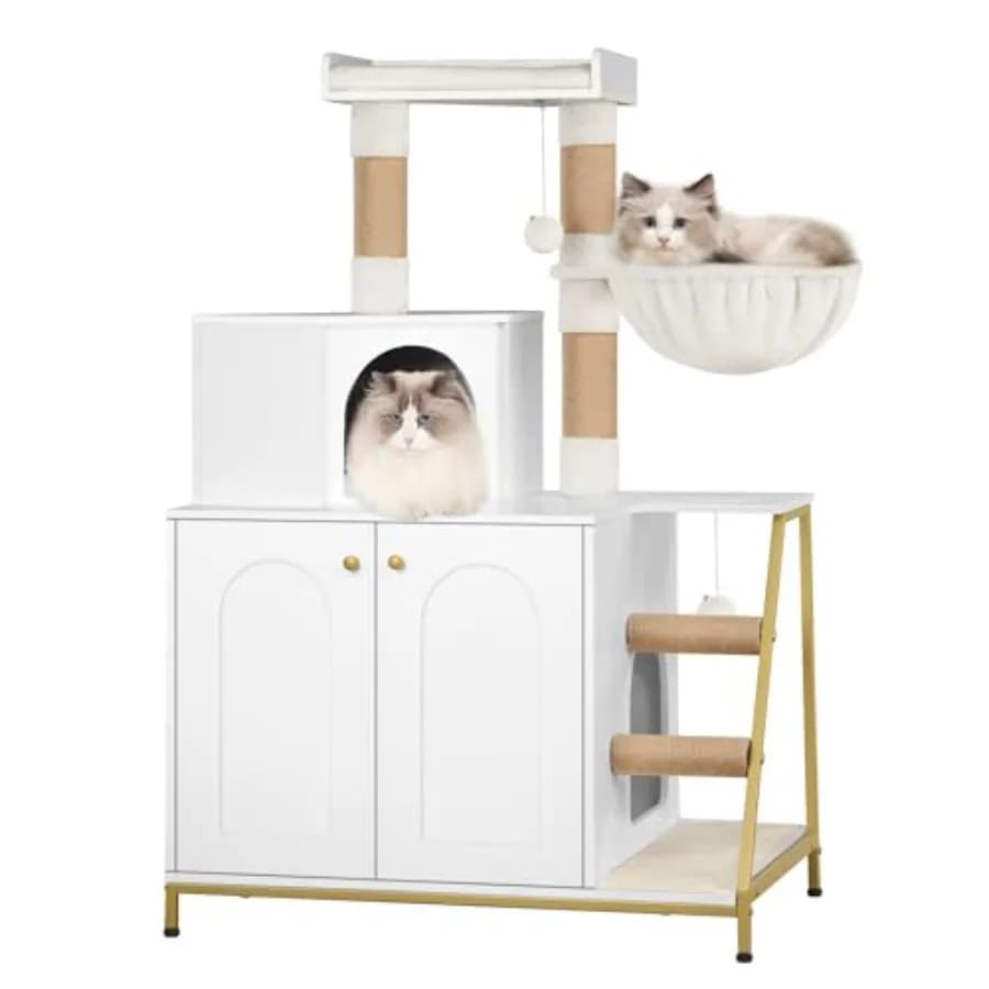 Casetta per Gatti 4-in-1 con Tiragraffi, Struttura Moderna Bianca e Oro, Ampia Piattaforma, Tappeto Tiragraffi in Sisal, Poste e Scale