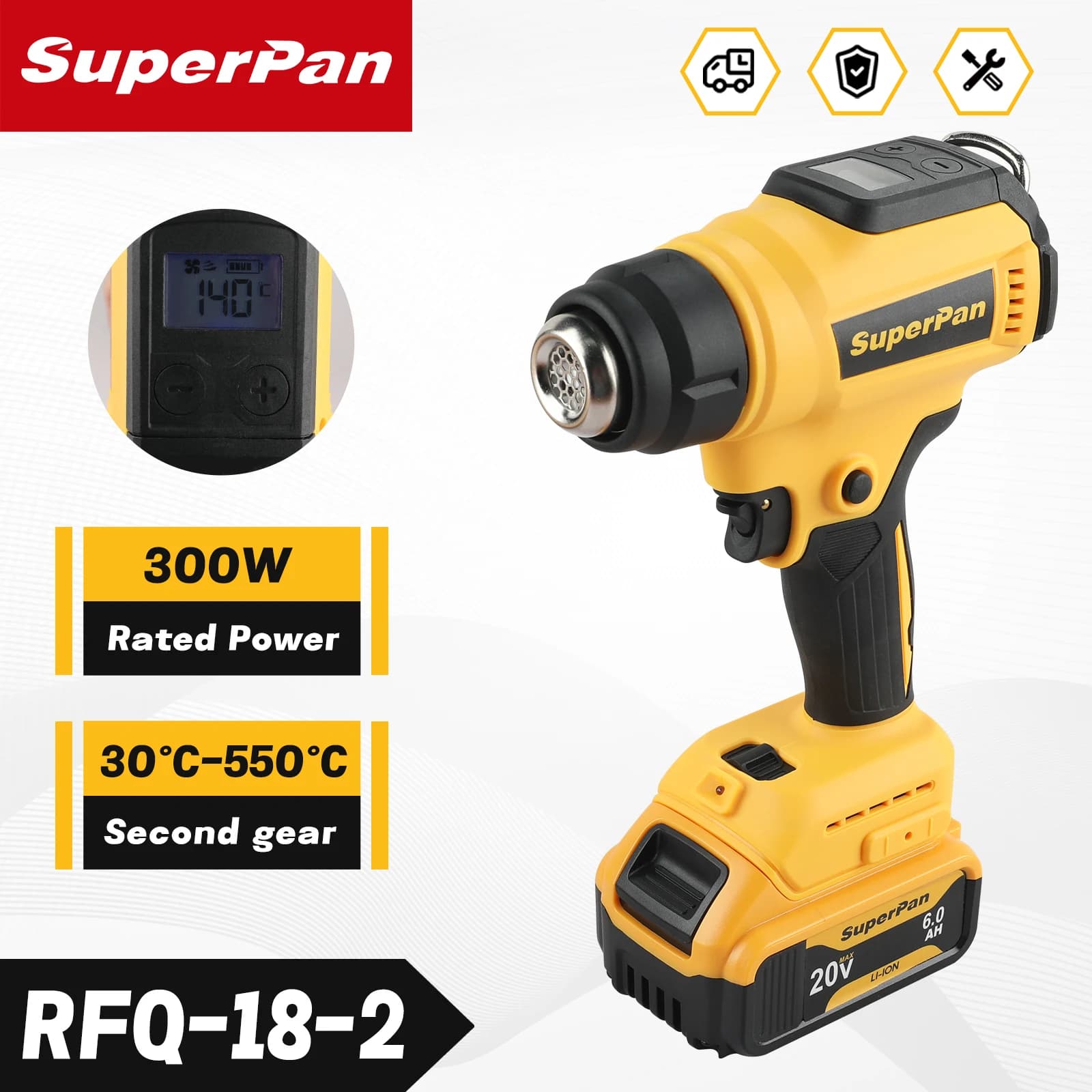 Display LED Superpan compatibile con batteria DEWALT18V, pistola ad aria calda senza fili a temperatura regolabile 550 ℃ pistola termica con ugello e