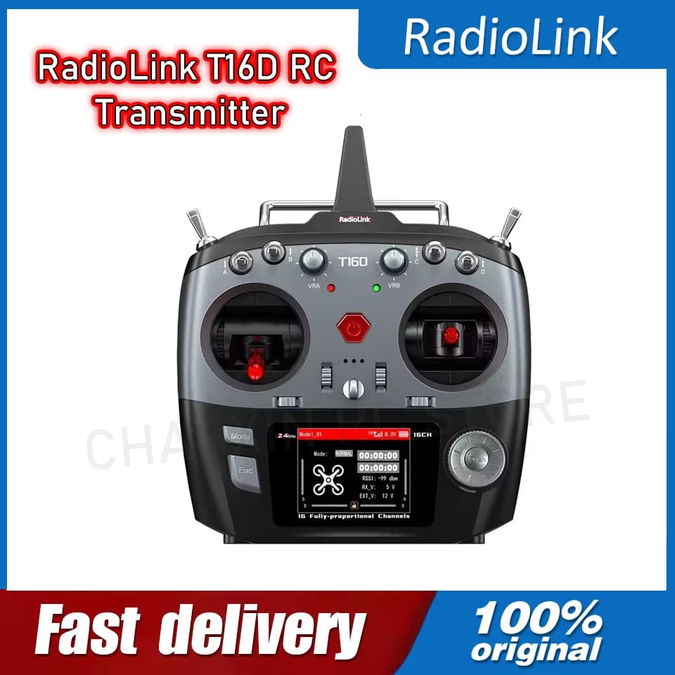 Radio control RadioLink T16D with Custom Vocal Transmission, 16 Channels, Multilingual for helicopters, Racing drones, Robots, 1 Second