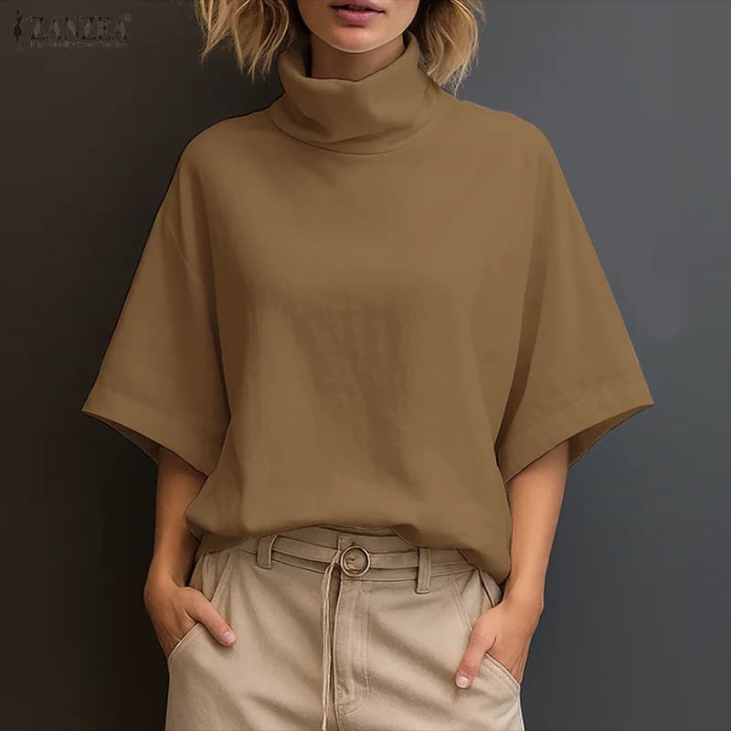 2026 ZANZEA Elegante Camicetta da Lavoro OL da Donna, Blusa Estiva alla Moda a Mezza Manica, Camicia da Ufficio, Tunica Tinta Unita, Top Casual con Collo Alto Mujer