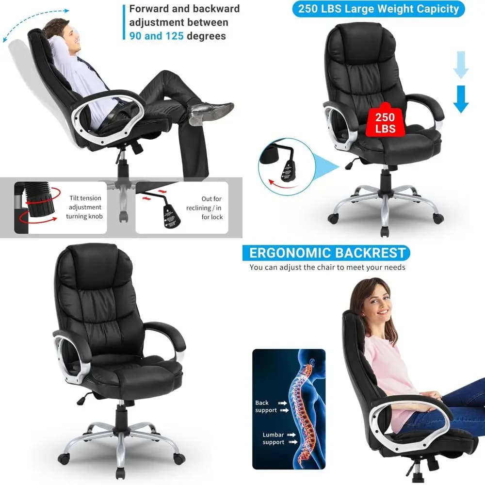 Sedia da ufficio ergonomica in pelle PU con schienale alto con altezza regolabile, supporto grande e alto, morbido cuscino, braccioli imbottiti girevoli - B