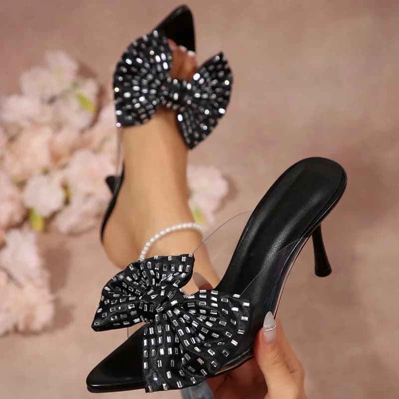 Women Slippers 2026 New Fashion Pointed Toe Crystal Butterfly-knot Thin Heel Sandals Elegant Summer Trend Female High Heel Shoes