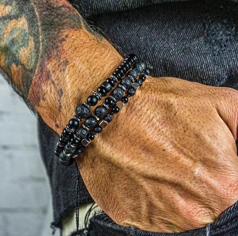 Men's waterproof lava stone bracelet with black precious stone beads and stainless steel