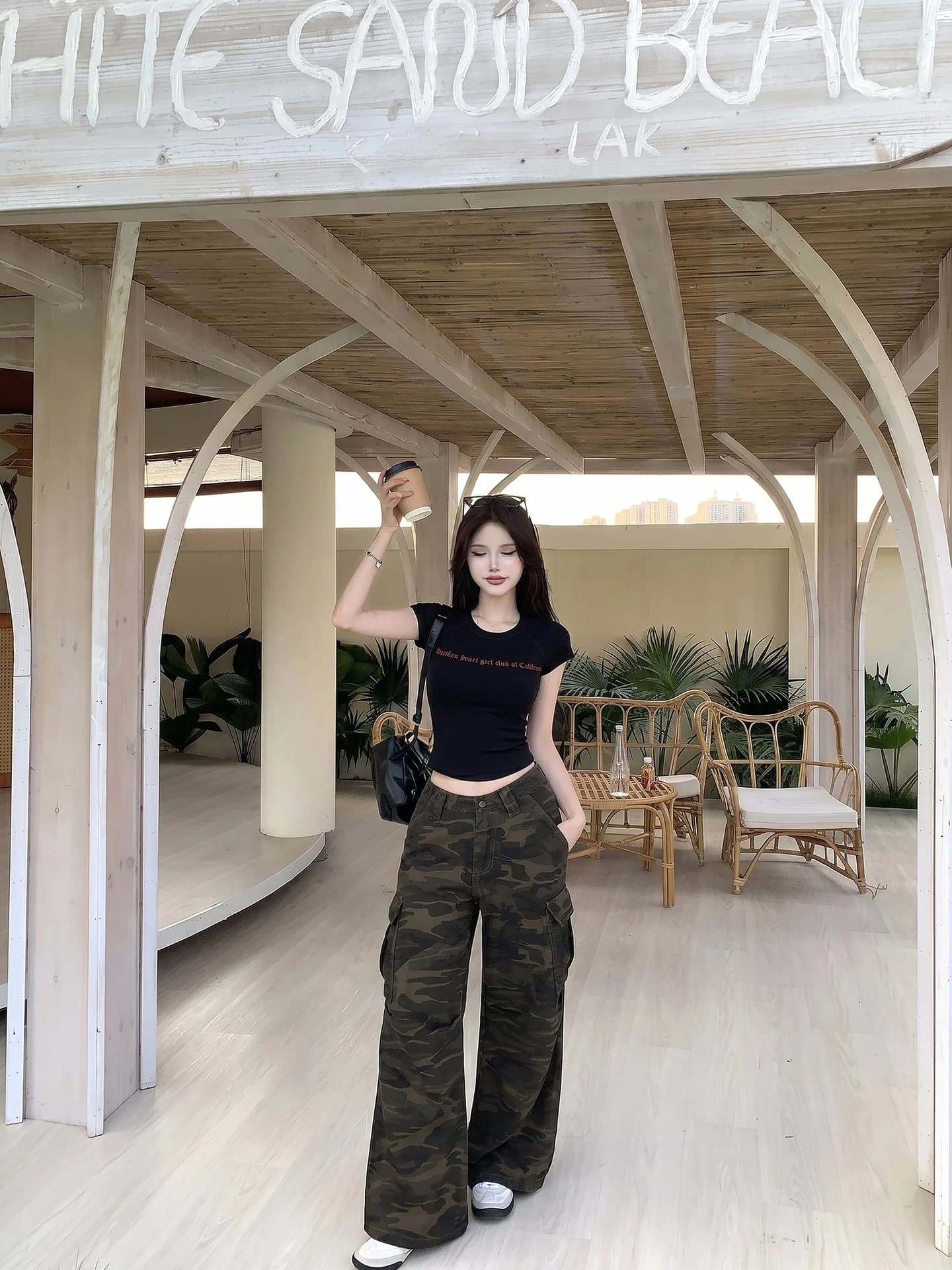 Black Letter Print Short Sleeve T-Shirt High Waist Camouflage Wide Leg Workwear Pants Women's Summer Hot Girl Two Piece Set
