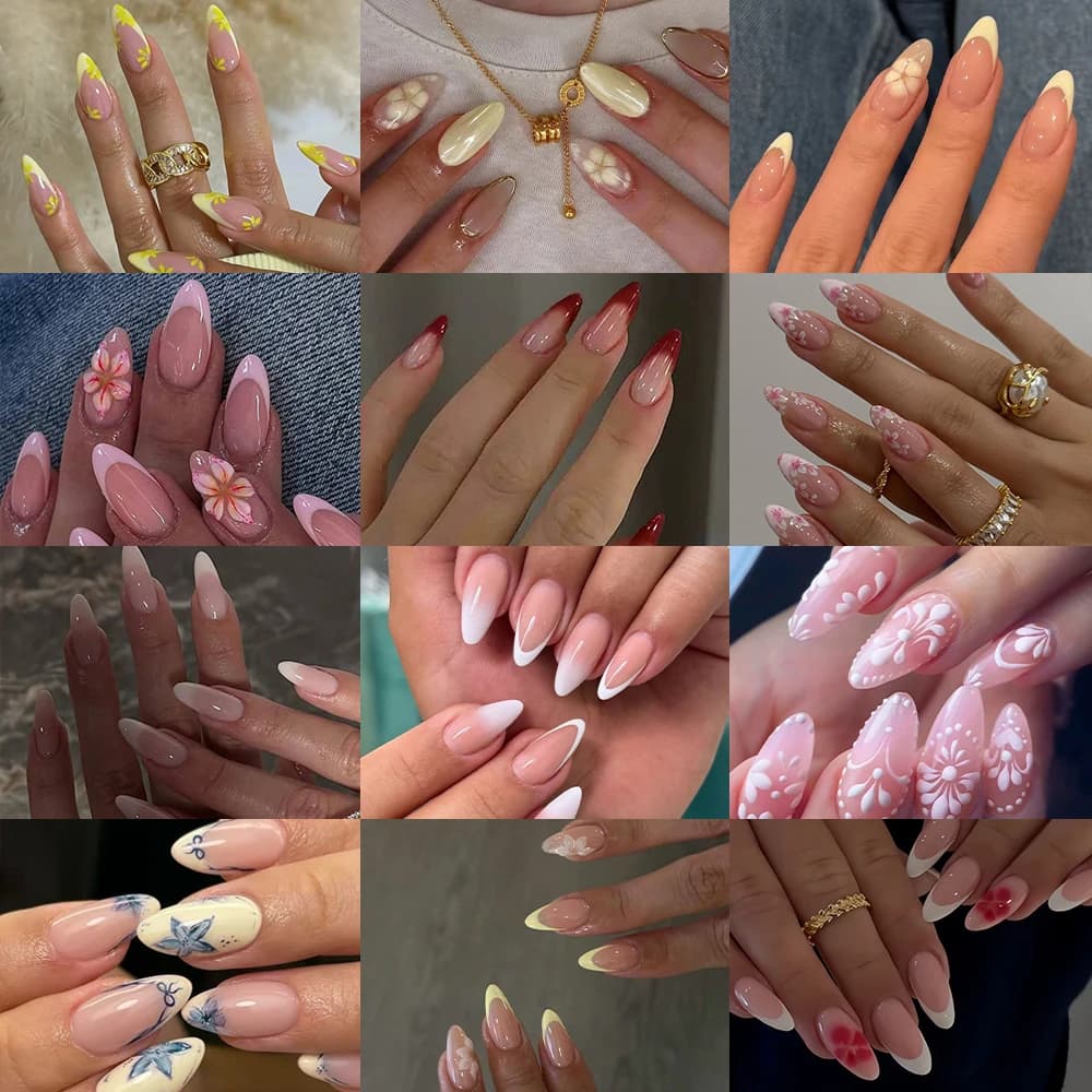 288 pieces per box (12 boxes in a set) almond-shaped 3D gel flower striped glitter French press nails, French manicure