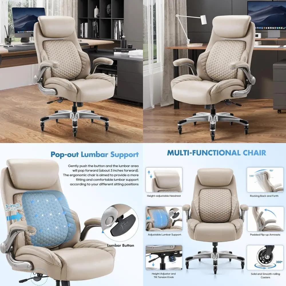 Sedia da scrivania ergonomica con schienale alto, braccioli regolabili, rotelle e cuscino spesso - Kaki