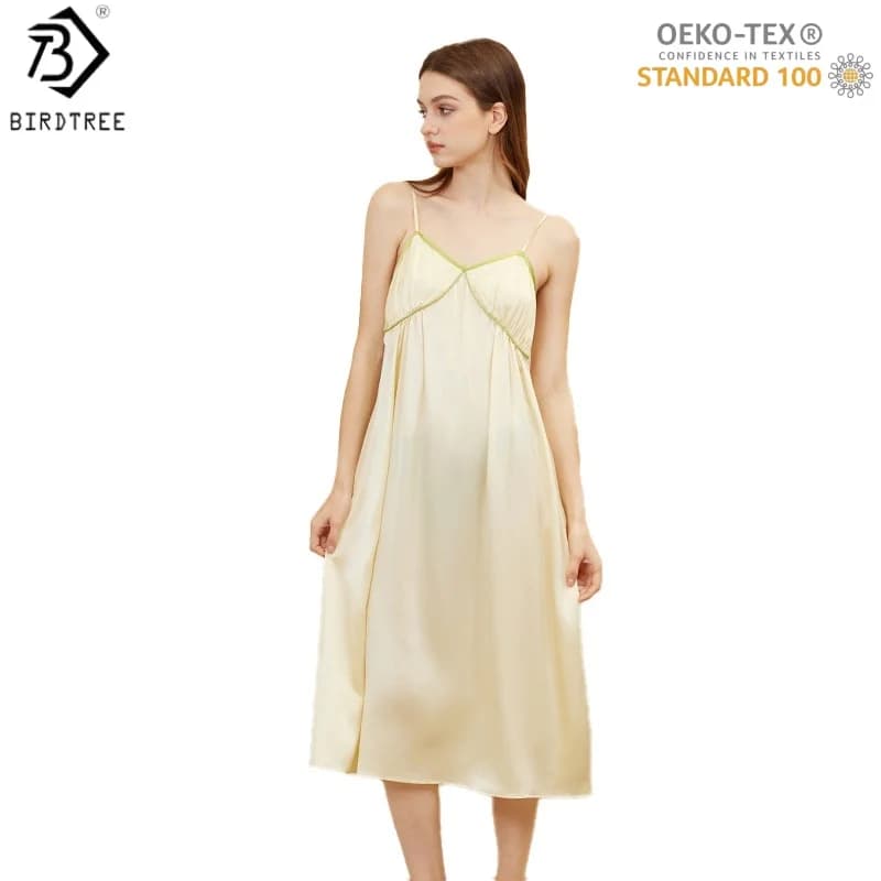 BirdTree, OEKO-TEX, 19MM 100%Silk Pajamas Dresses, Women Plain Satin Sling Dress, Elegant Homewear Nightdress, 2026 New D62121JF