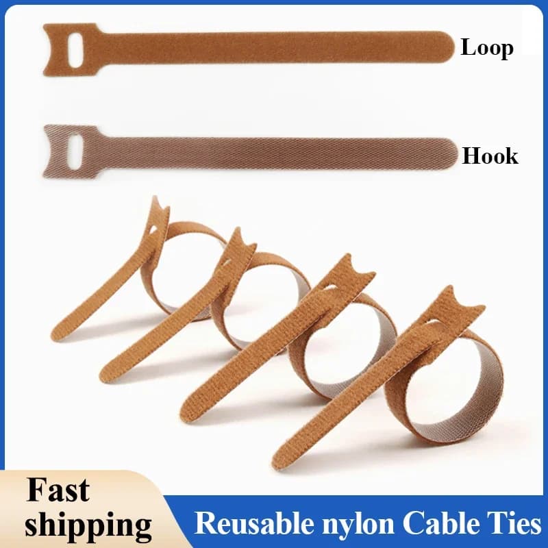 Fascette per cavi rilasciabili marroni Plastica Nylon Gancio Loop Wrap Zip Bundle Cinghie di fissaggio Staccabile Riutilizzabile Tipo T Organizzatore di cavi