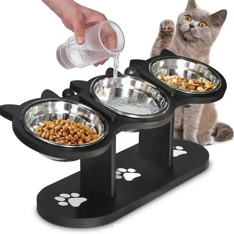 Ciotola per Gatti a 3 Livelli con Supporto in Legno e Acciaio Inox, Angolo Regolabile di 15 Gradi, Ciotola Inclinata per Alimenti per Animali