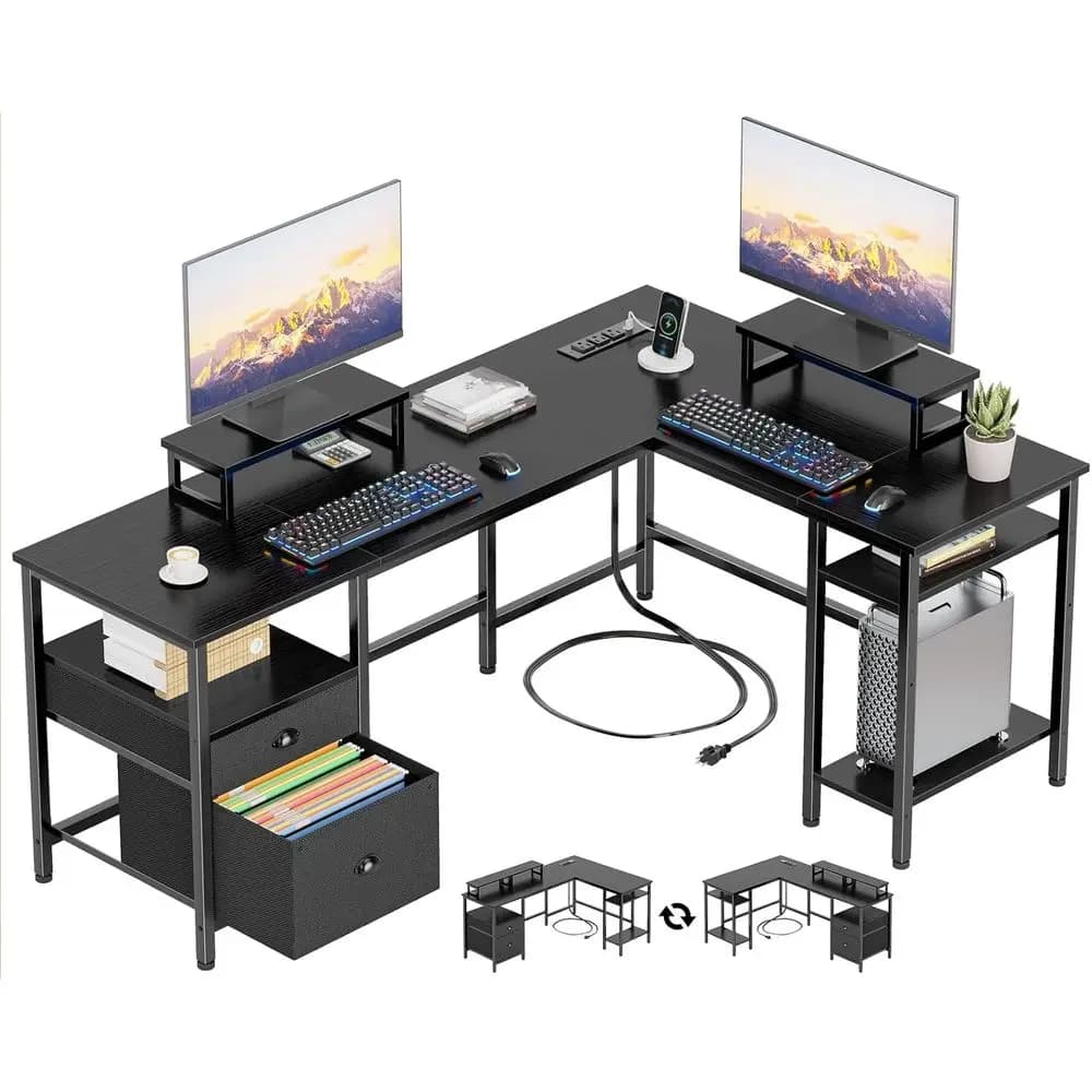 Scrivania a L da 59 pollici con presa di corrente, reversibile, 2 supporti per monitor, ripiani portaoggetti, per casa/ufficio/gaming, nera