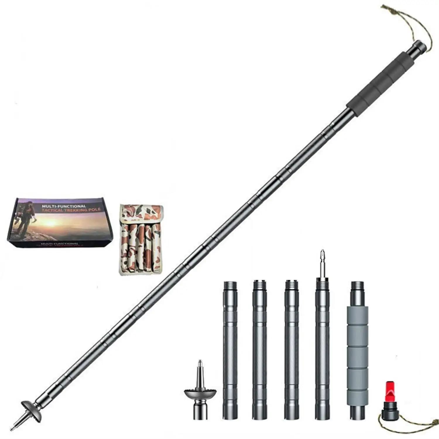 Multifunctional trekking pole in aluminium alloy with 5 joints Light folding mountaineering pole for hiking, mountaineering