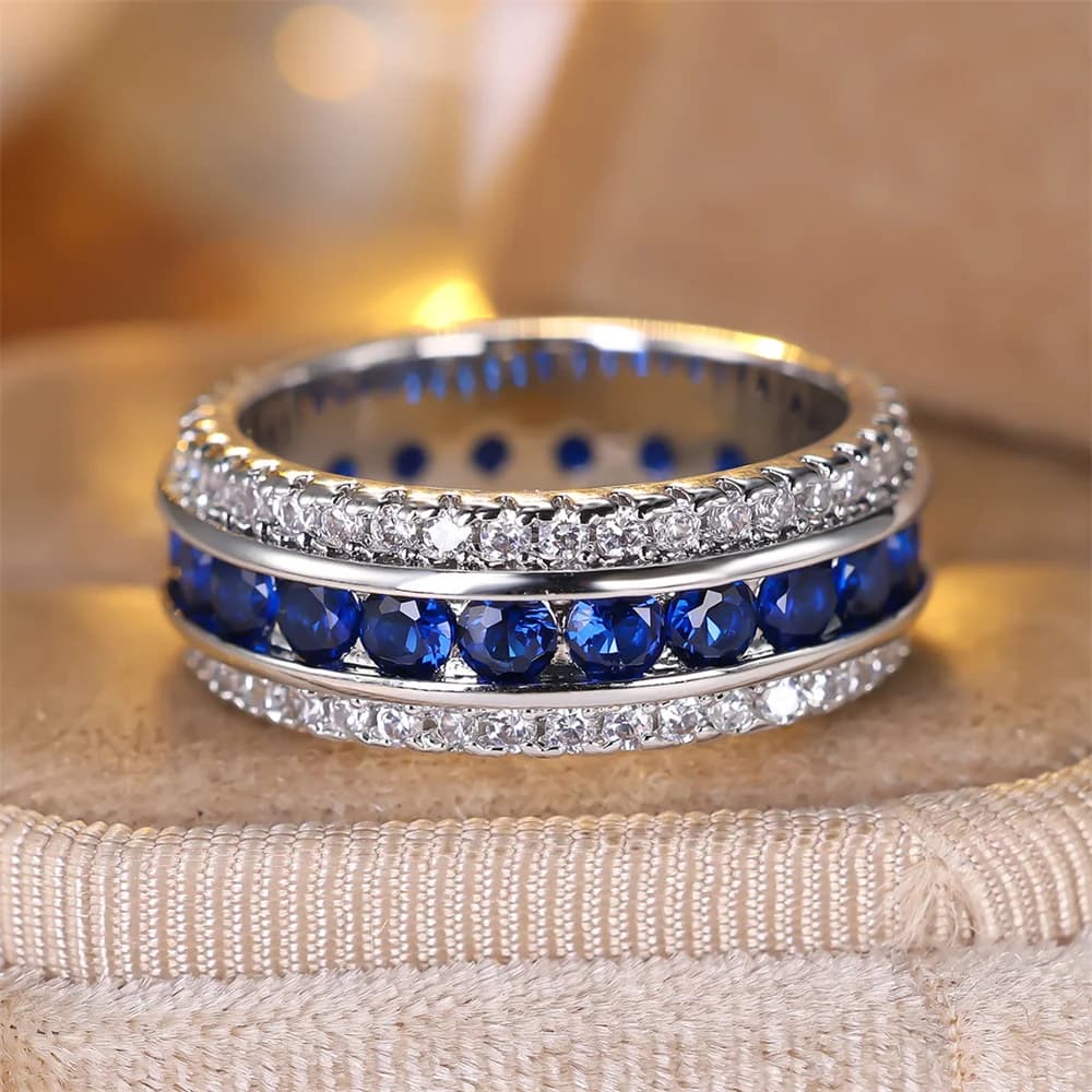 Blue Zircon Single Row Small Round Stone Rings For Women Vintage Silver Color Engagement Wedding Jewelry Bridal Valentine Gifts