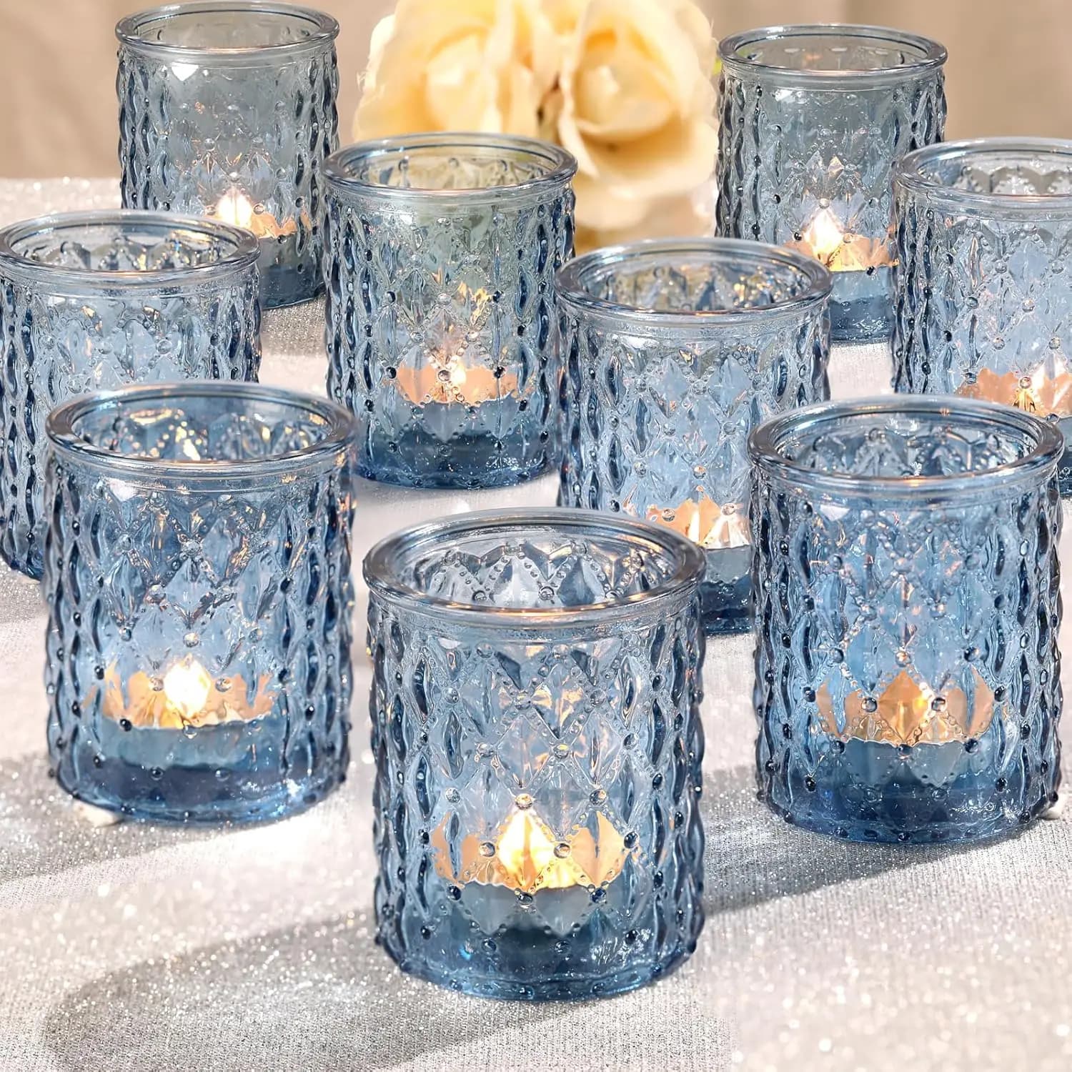 Set of 36 Blue Glass Candle Holder for Wedding Decorations, Centerpiece and Home Furniture