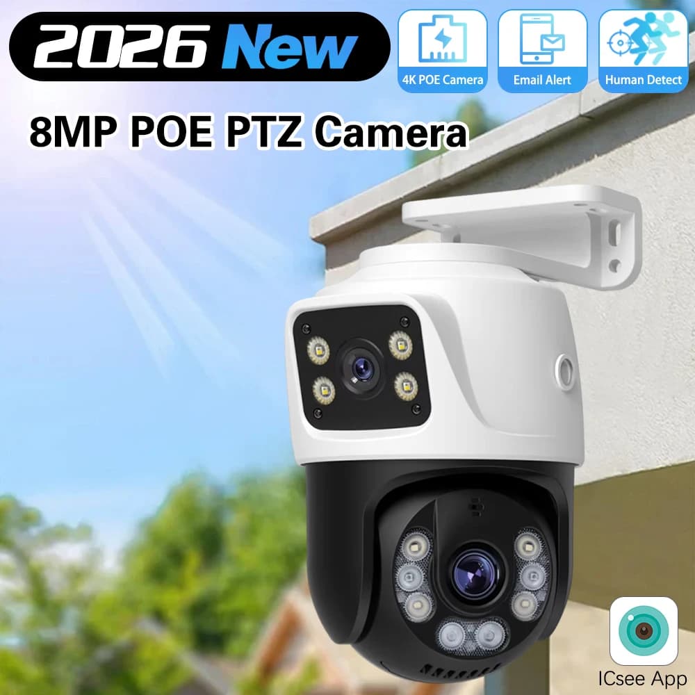 Telecamera WiFi PTZ 8MP Dual Lens POE con App ICSee per Sicurezza Domestica Intelligente, HD da Esterno, Doppio Schermo, Tracciamento Automatico, Videosorveglianza