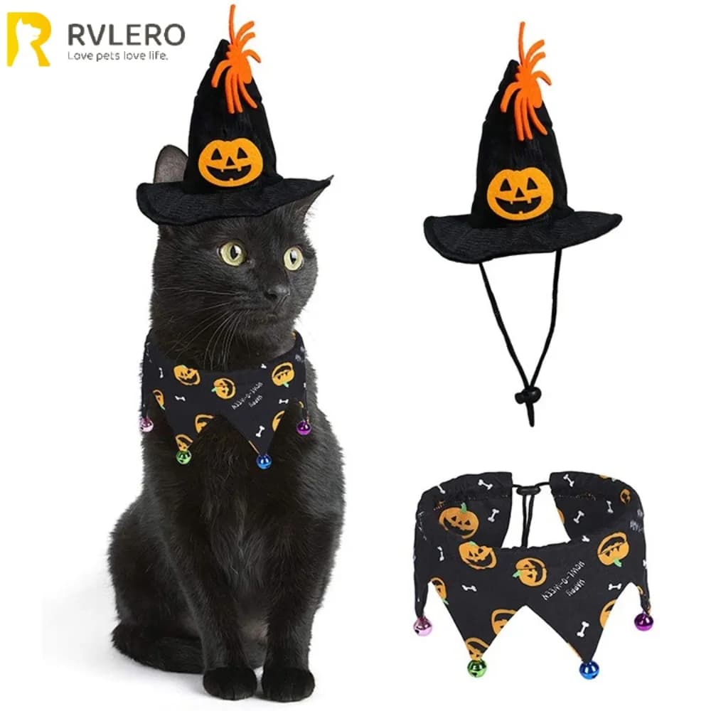 Costume per animali domestici di Halloween Set collare per cappello Collare per gatti Divertente cappello da zucca Tessuto non tessuto Decorazione per feste per animali domestici Puntelli Costumi per cani e gatti