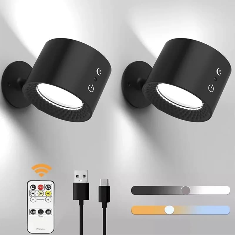 Lampada da parete a LED a doppia testa con controllo touch, telecomando, rotazione a 360°, ricarica USB, luce notturna portatile wireless per camera da letto, lampada da lettura