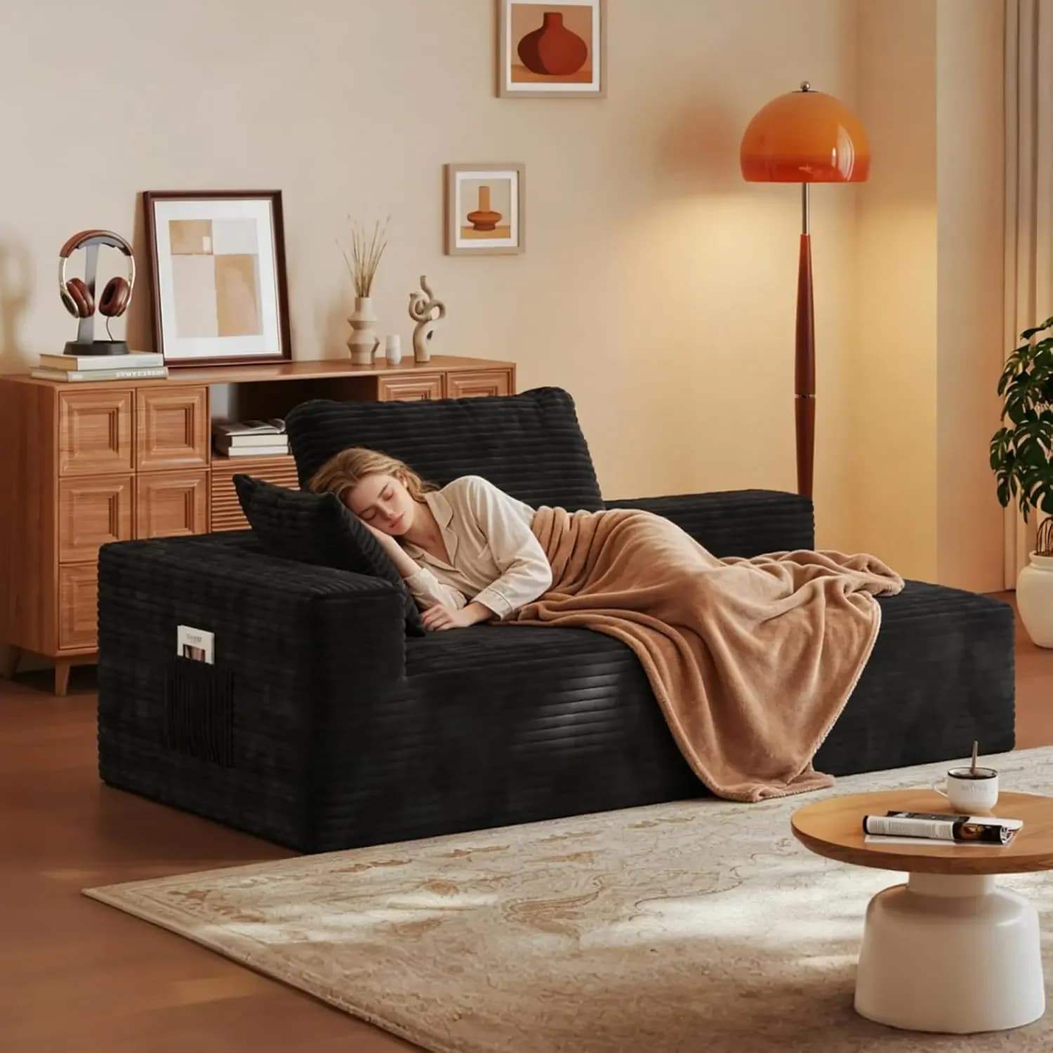 67" Sofa Bed, Boneless Cloud Couch, Rectangular Couch for Living Room, One-Piece Chaise Lounge with Pillows, Flannel Comfy Floor