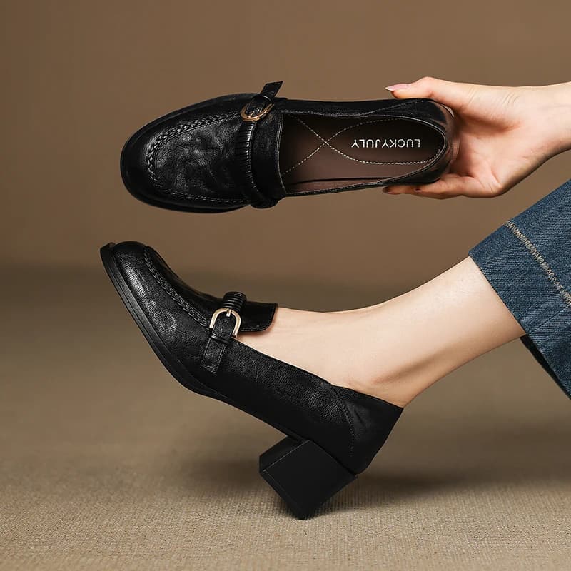 2026 new spring summer women pumps natural leather 22-25.5cm soft sheepskin+pigskin round toe buckle high heel women shoes