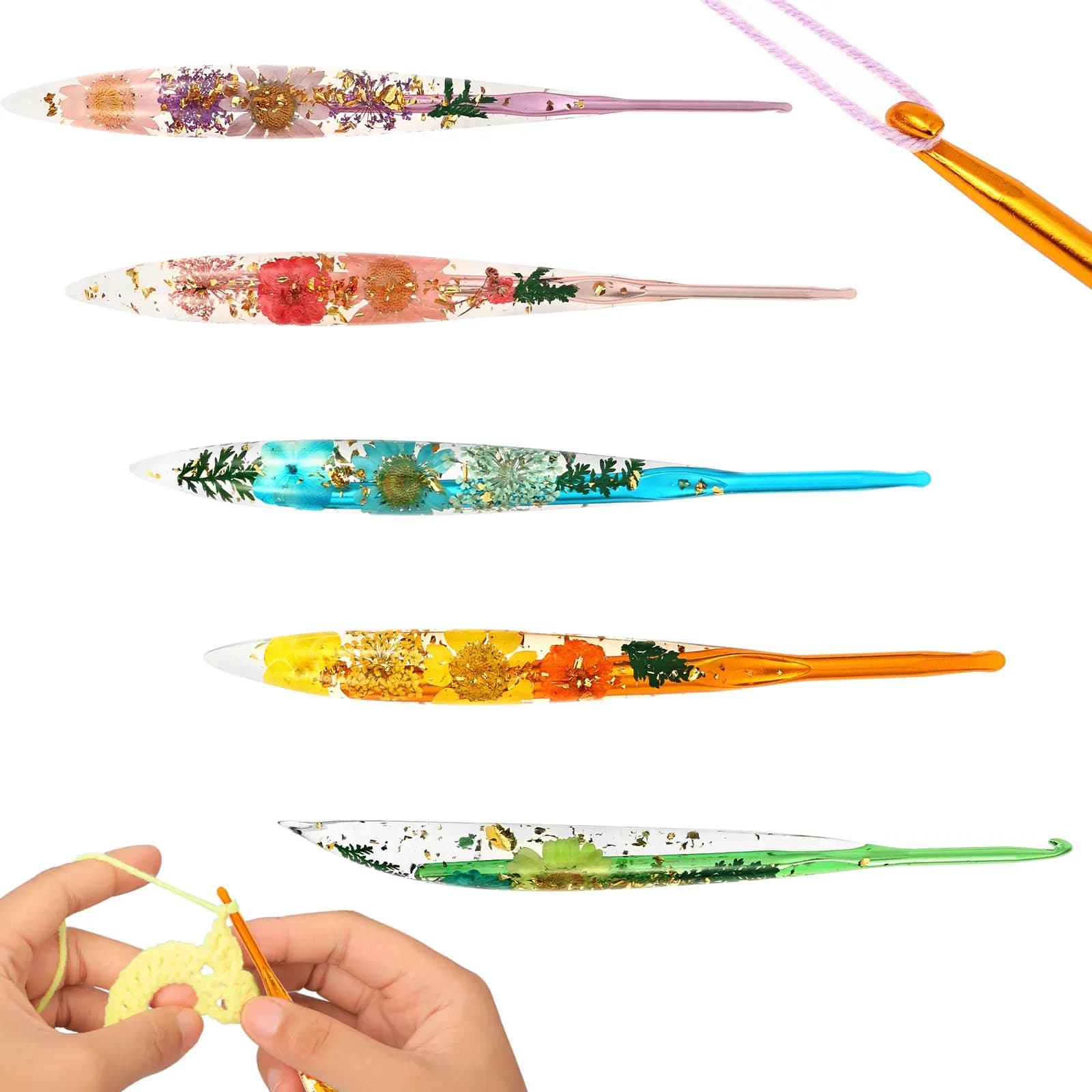 Set di 5 Uncinetti in Alluminio Ergonomici con Manico a Fiore per Lavorare a Maglia Maglioni Sciarpe Calzini