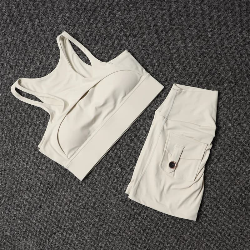 Fitness Shorts Set Yoga Jumpsuit Women's Waist High Sports Clothing Bra Cheese Leggings Gym Shorts Cycling Jumpsuit with Pocket