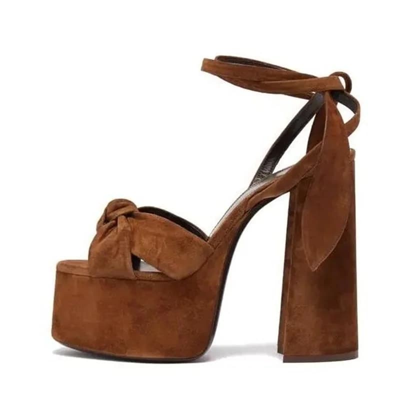 Nuovi Arrivi Nero Delle Donne della Pelle Scamosciata Tacco Quadrato Sandali Peep Toe Bow Nodo Cinturino Alla Caviglia Alta Piattaforma Scarpe Da Sposa Sposa Taglio-out