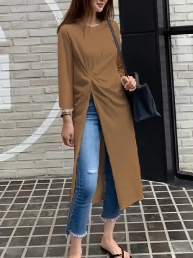2024 donne top lunghi ZANZEA moda camicette pieghettate asimmetriche manica lunga o-collo camicia allentata Casual divisa tinta unita Blusas Femme