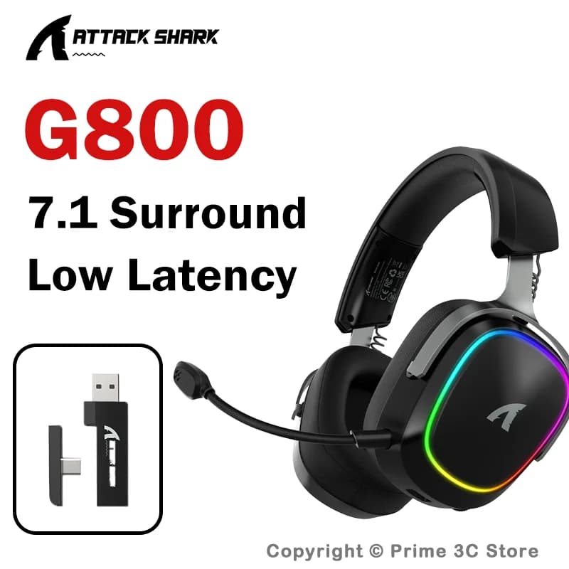 Cuffie da gioco wireless ATTACK SHARK G800 con audio surround 7.1, RGB, driver da 50 mm, 2.4G/BT/cablato, bassa latenza, microfono rimovibile.