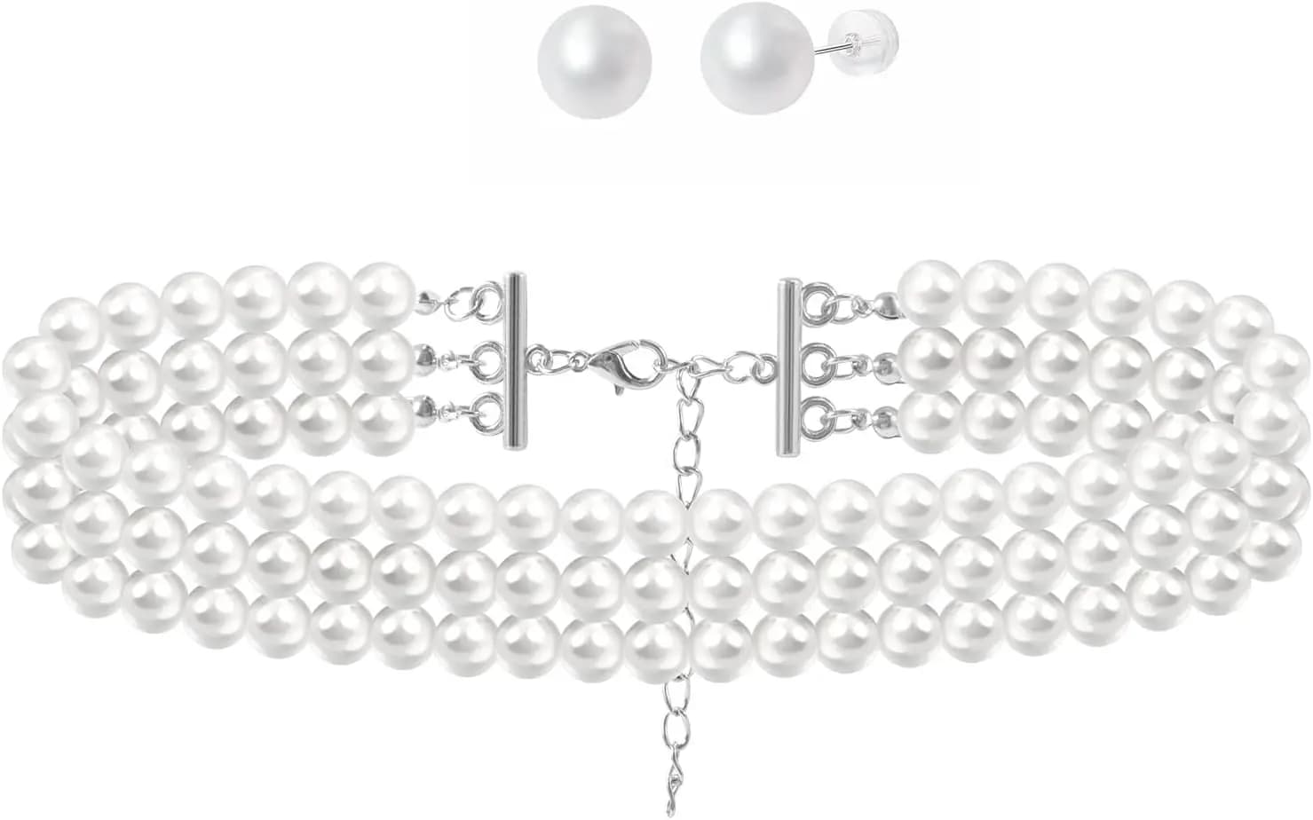 Elegante Set di Collana Girocollo Vintage con Perle e Orecchini a Perno, Collana Stratificata di Perle Imitazione per Stile Sposa