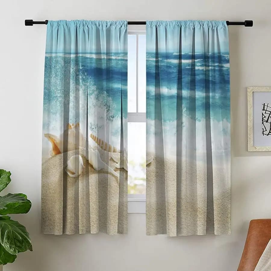 Tende Oscuranti per Camera da Letto, Soggiorno, Cucina, Caffetteria, Paesaggio con Conchiglie su Spiaggia Tropicale e Onde che Schizzano