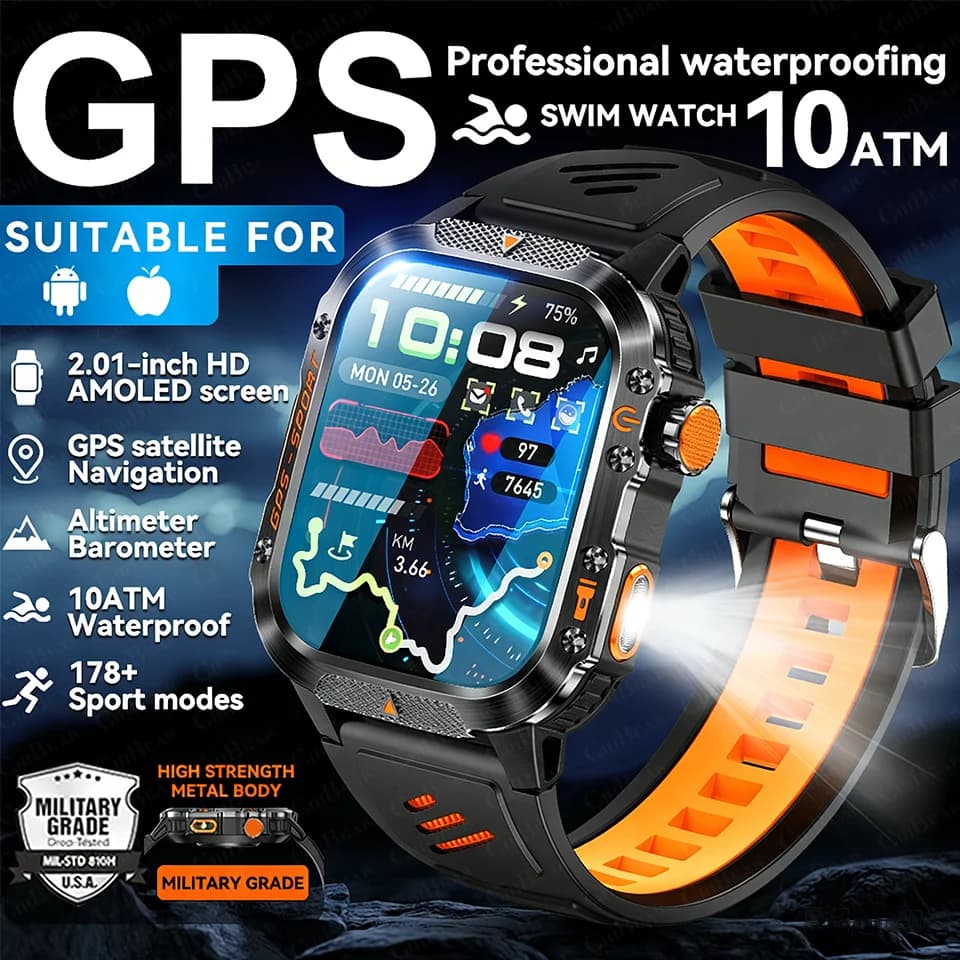 2026 New Military Outdoor Smart Watch Men's GPS Flashlight Bluetooth Call 2.01" AMOLED Screen 3ATM Waterproof Sports Smartwatch