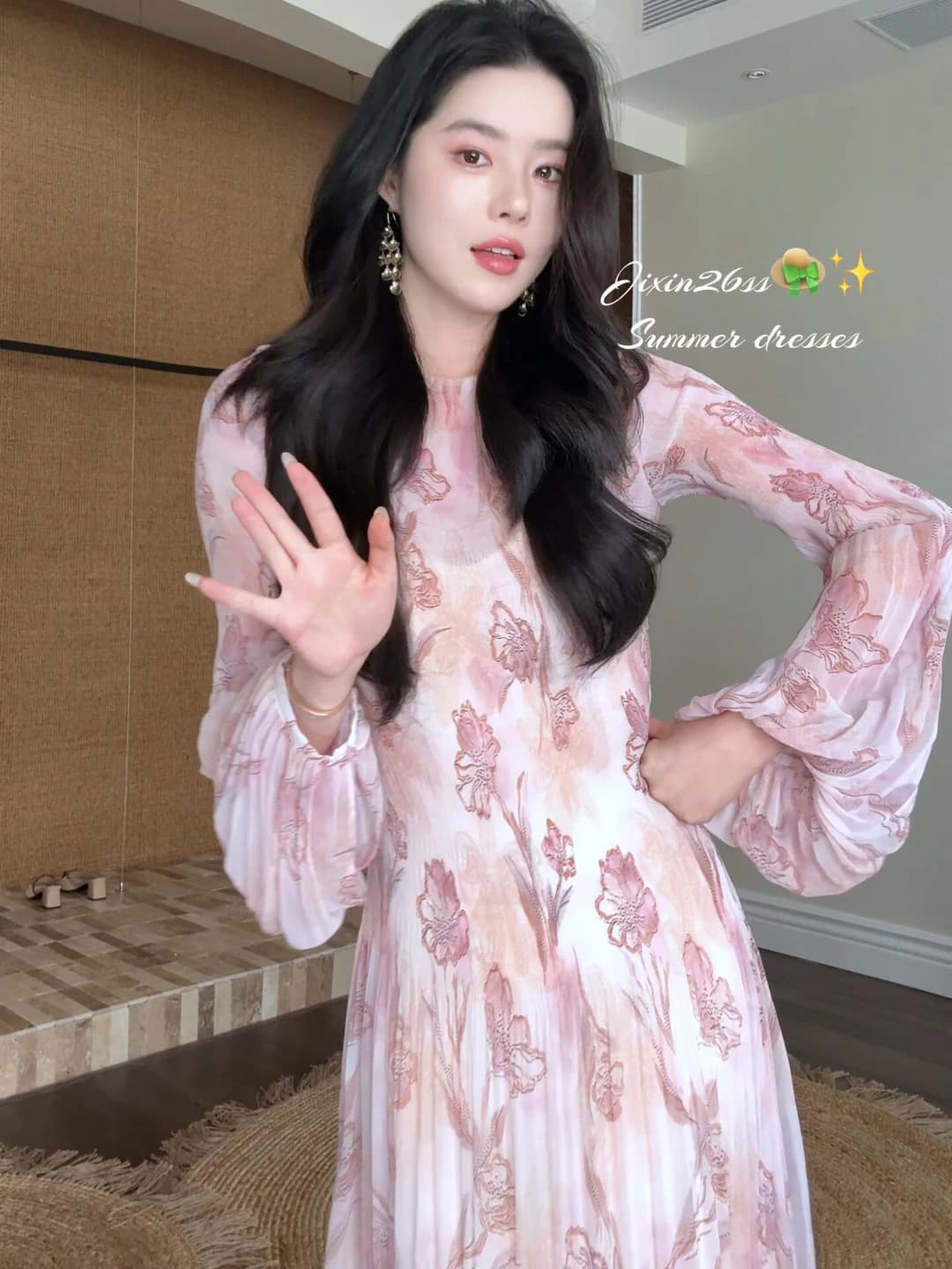 Parkyeon Fashionable Long Sleeve Printed Pleated Women's Dress Lightweight Summer Casual Style mid Waist round Neck T-Shirt