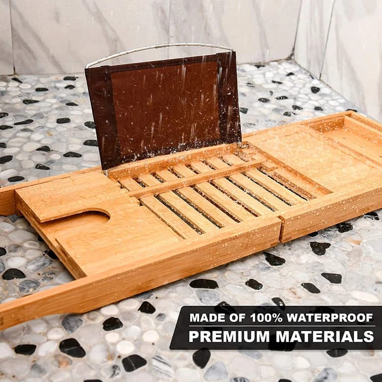 Bamboo Bathtub Tray Perfect Expandable Bathtub Caddy with Reading Rack or Tablet Holder a Wine Glass Holder for Bathroom