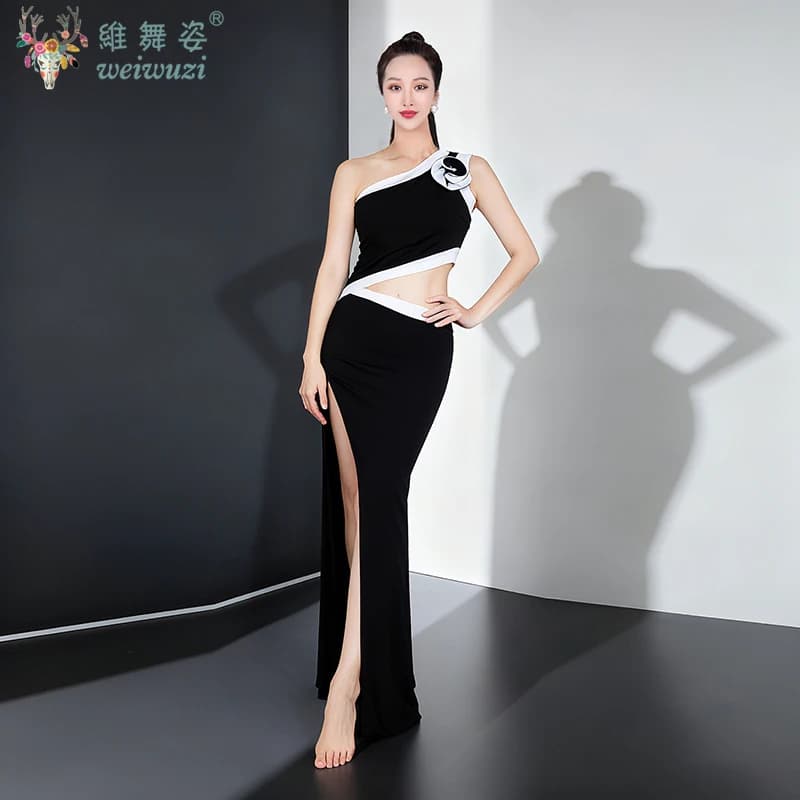 Belly Dance Practice Costumes Slimming Slanted Shoulder Black Dress Dance Festival Dresses Oriental Dancing Training Costume